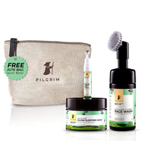 Pilgrim Squalane Night Routine Facial Kit for Glow | Foaming Face Wash with Brush,120ml | Roll-on Under Eye Serum,15ml | Glow Sleeping Mask,50gm | Facial Kit for Men & Women | FREE Jute Bag