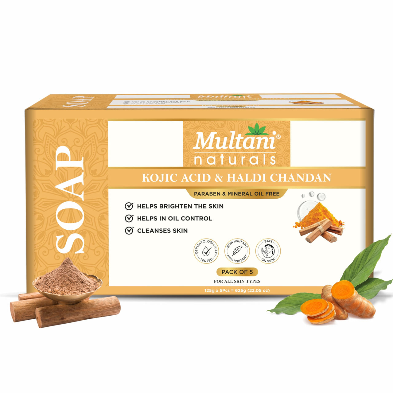 Multani Natural Kojic Acid and Haldi Chandan Soap | Herbal Bathing Bar Enriched with Essential Oils | Anti Ageing | Suitable for All Skin Types Pack of 5 (125g x 5) 625g