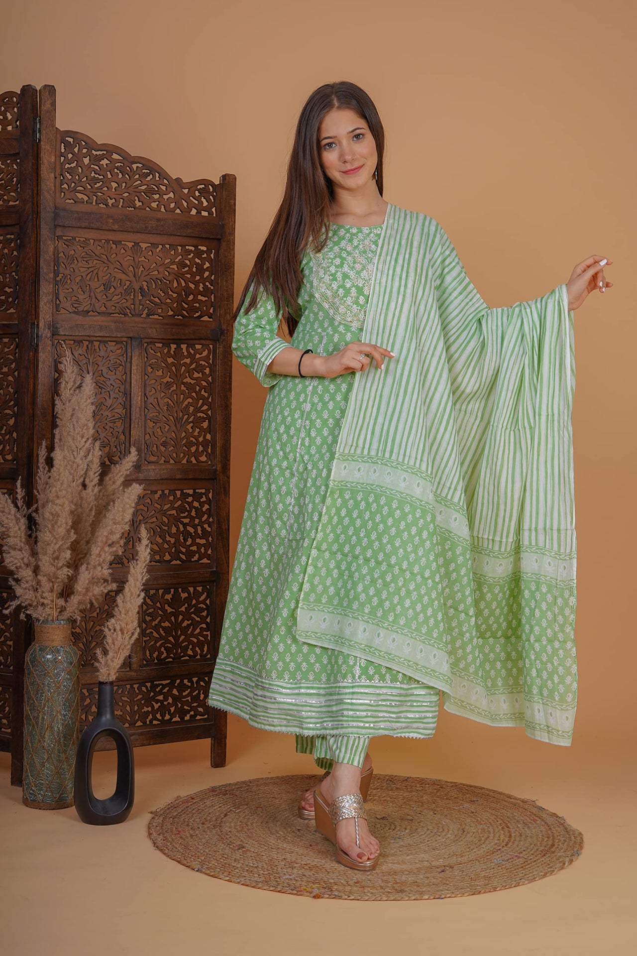 MEERA FAB Women's  Cotton Printed Zari Embrodriery Anarkali Kurta with Palazzo & Dupatta