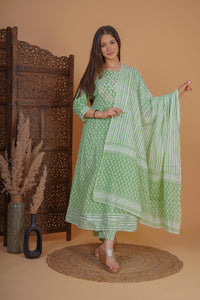 MEERA FAB Women's  Cotton Printed Zari Embrodriery Anarkali Kurta with Palazzo & Dupatta