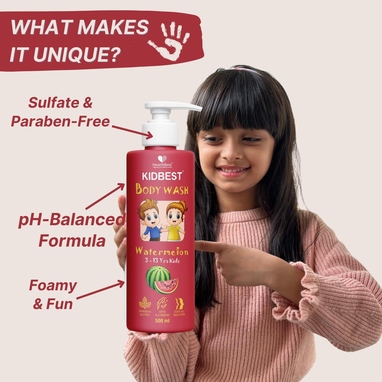 HealthBest Kidbest Bodywash for 3-13 Years Kids | Anti-Bacterial | Normal Skin, Sensitive Skin & Dry Skin | Tear, Paraben, SLS free | Watermelon Flavor | 500ml (Pack of 2)
