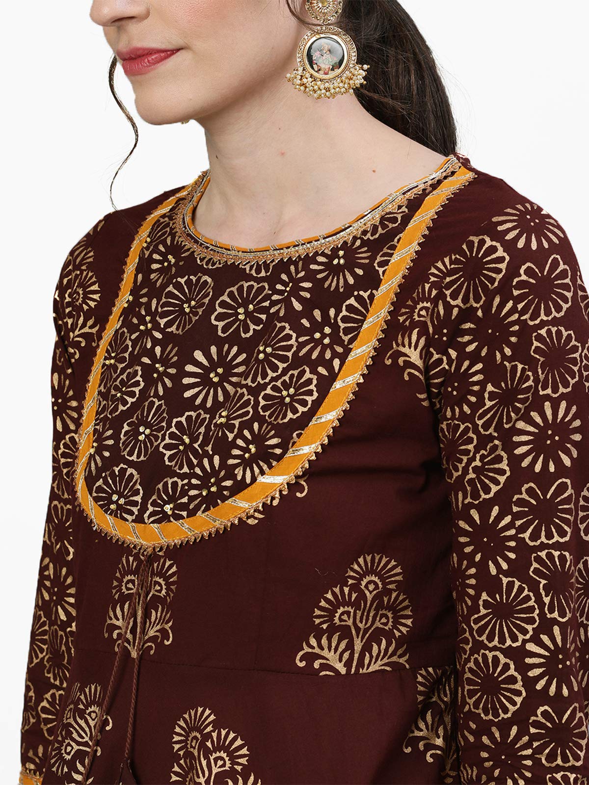 Ishin Women's  Cotton Brown Embellished Peplum Kurta Sharara Dupatta Set