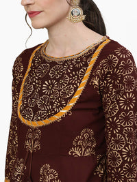 Ishin Women's  Cotton Brown Embellished Peplum Kurta Sharara Dupatta Set
