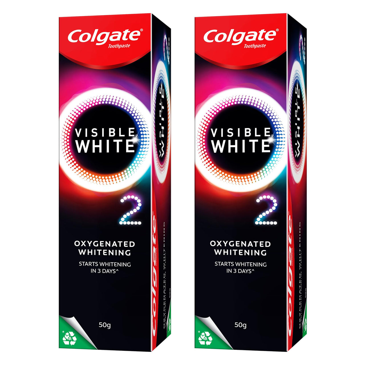 Colgate Visible White O2, Teeth Whitening Toothpaste (50g) for noticeably whiter teeth starting in 3 days. Peppermint Sparkle with Active Technology, Enamel Safe Teeth Whitening (Pack of 2)