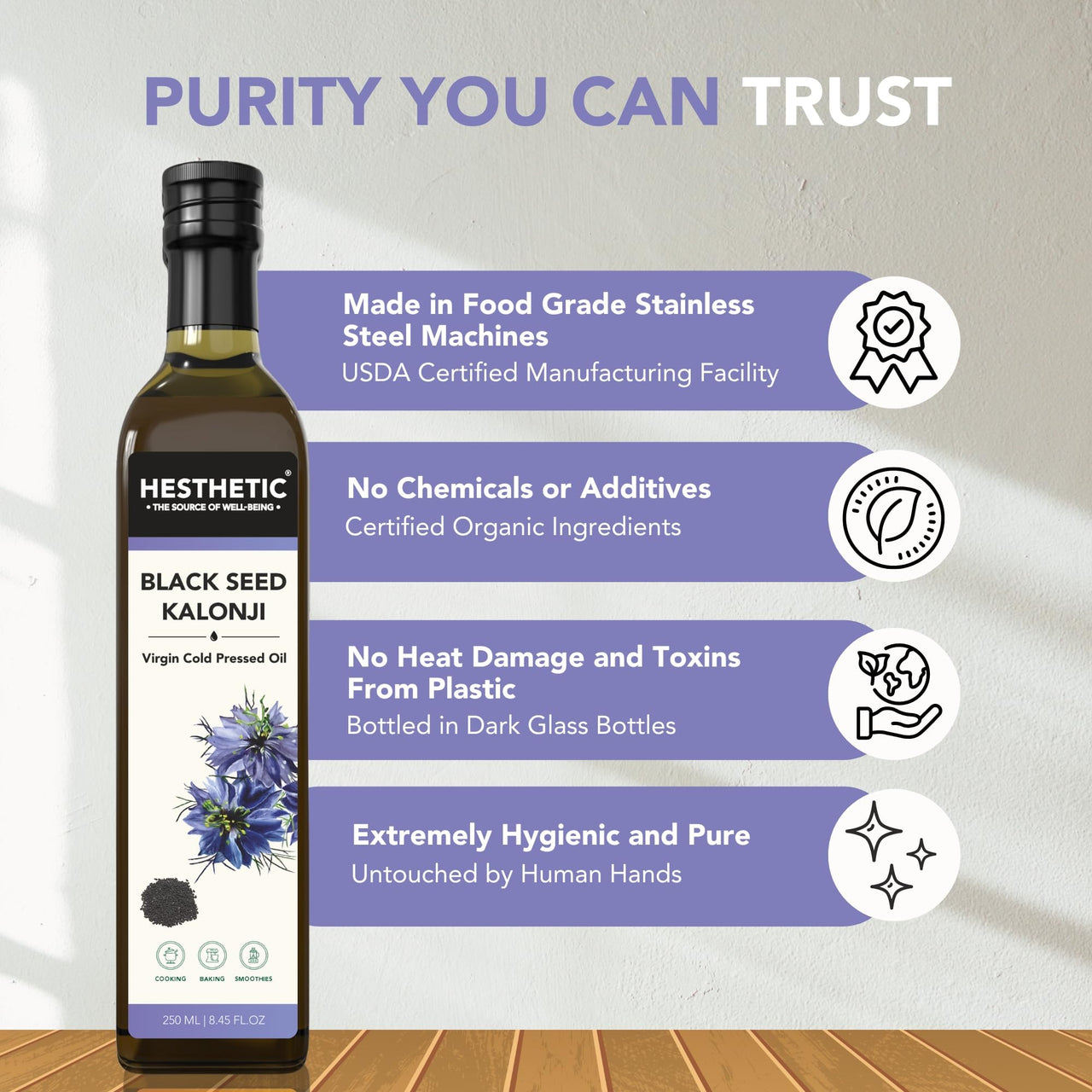 HESTHETIC Premium Edible Cold Pressed Black Seed Oil, 250ml – 100% Pure and Natural Food Grade Virgin Kalonji Oil for Salad and Cooking, High Thymoquinone, Glass Bottle