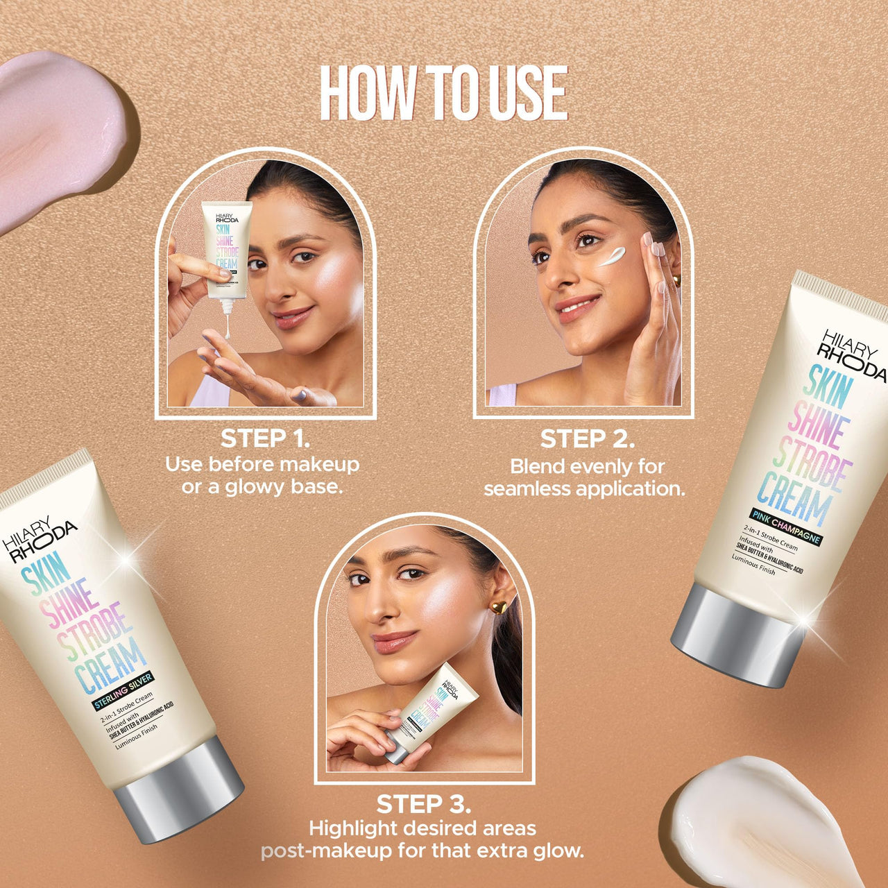 Hilary Rhoda Skin Shine Strobe Cream | 2 in 1 - Highlighter & Moisturiser | Shea Butter & Hyaluronic Acid | Intense Hydration | Weightless formula & Luminous Finish - 25ml (Pink Champagne - Shade 02)
