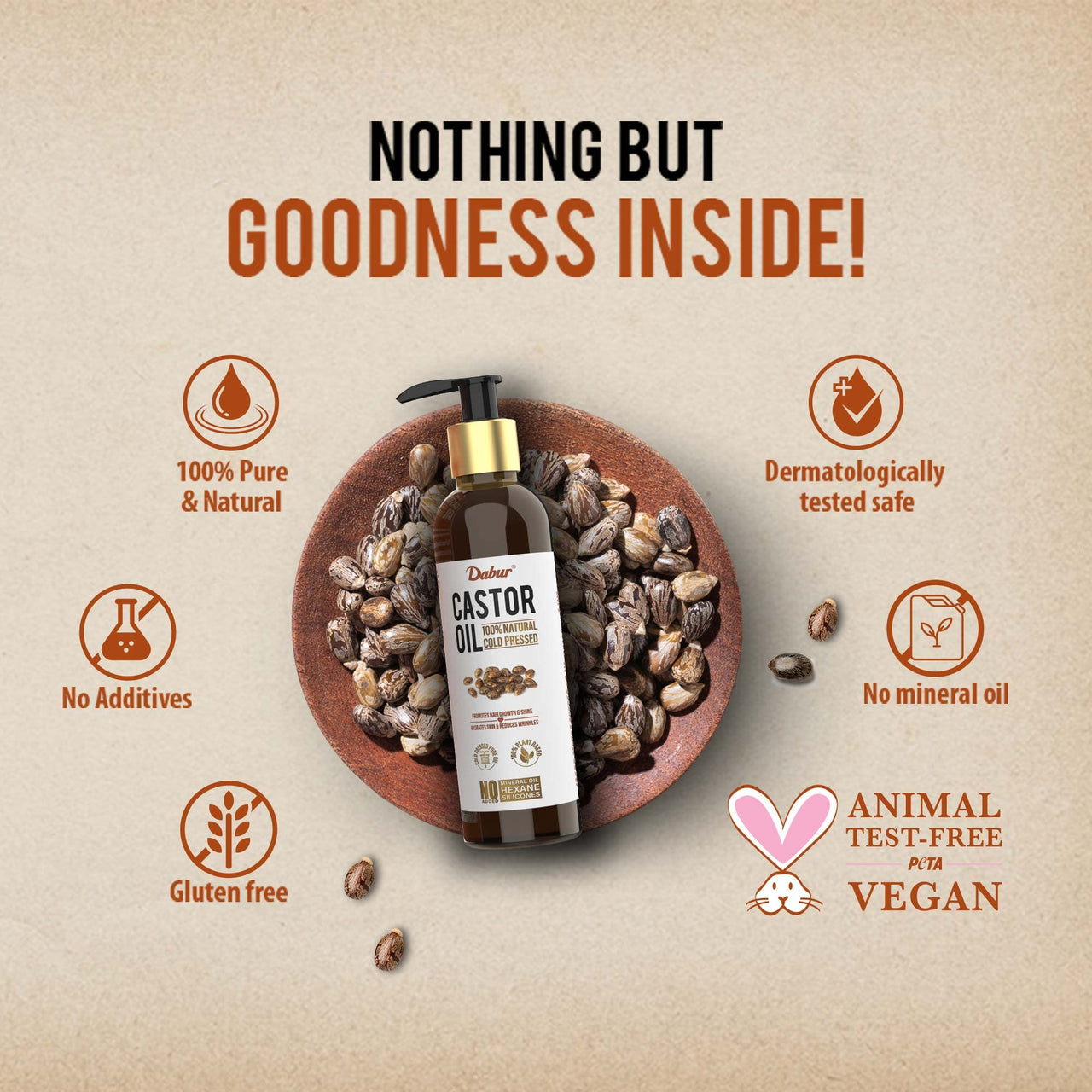 Dabur Castor Oil - 200ml | 100% Natural Cold Pressed Oil | Promotes Hair Growth, Hydrates Skin & Reduces Wrinkles | No Mineral Oil & Silicones