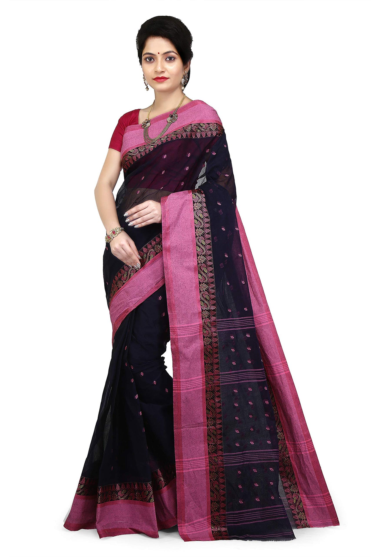 WoodenTant Women's  Handloom Cotton Tant Saree with Buti Work without blouse piece