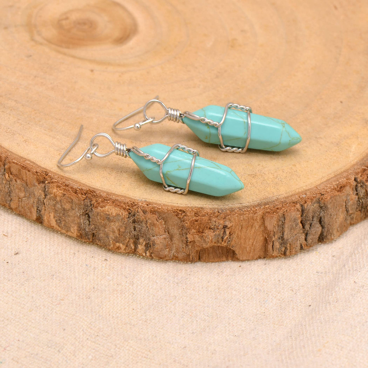 Enhanced Turquoise Wire Wrapped Point Crystal Earrings for Women Reiki Energy Healing Created Turquoise