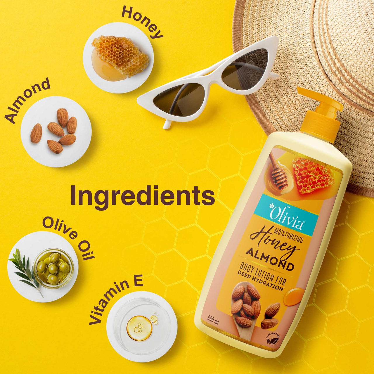 Olivia Honey Almond Deep Hydration Body Lotion | For Soft, Nourishing And Glowing Skin | With Honey, Almonds, Olive Oil, And Vitamin E | 650Ml