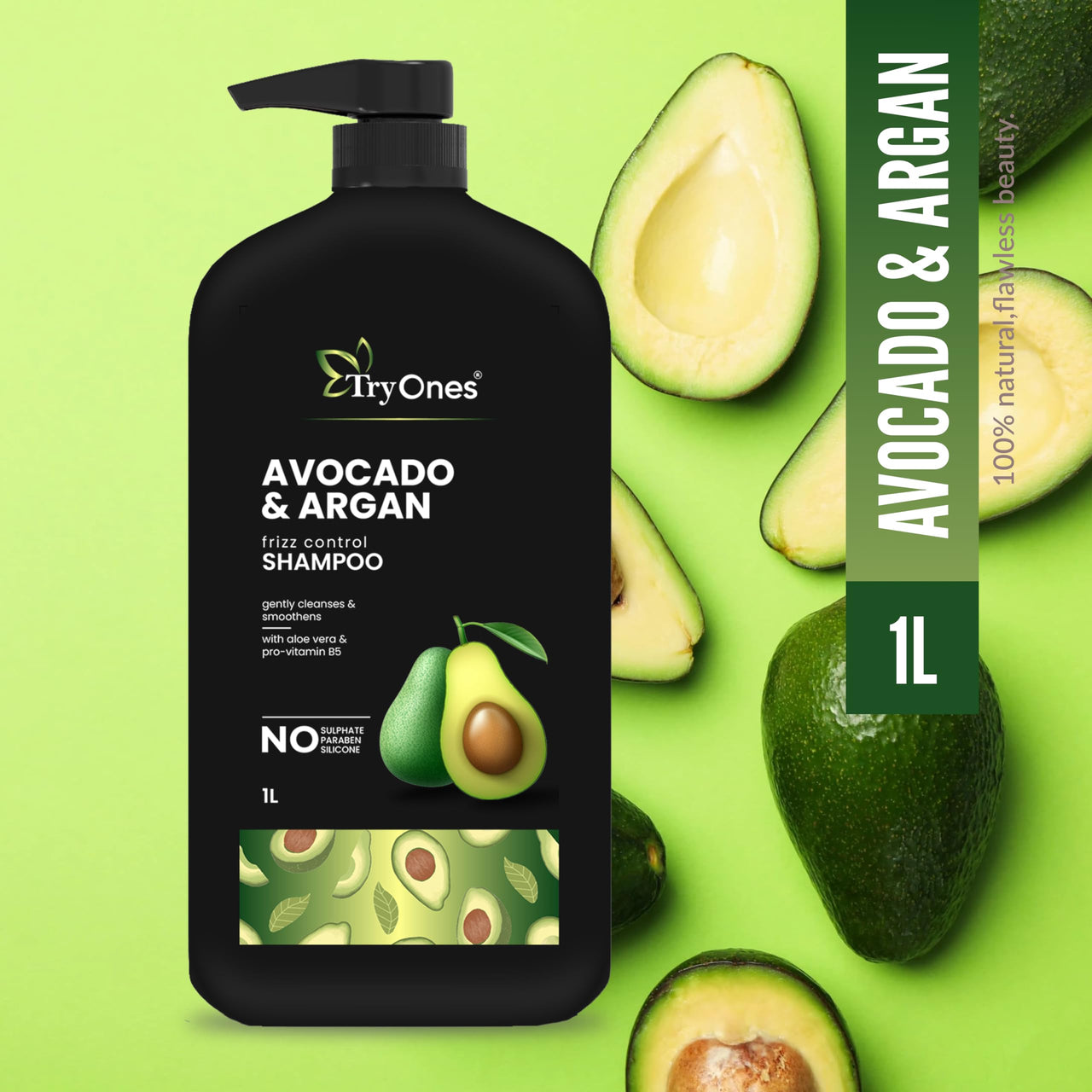 TryOnes Avocado Frizz Control Shampoo | For Curly, Wavy, Frizzy Hair | Reduces Frizz, Retains Moisture, Conditions Strands | 1000 ml