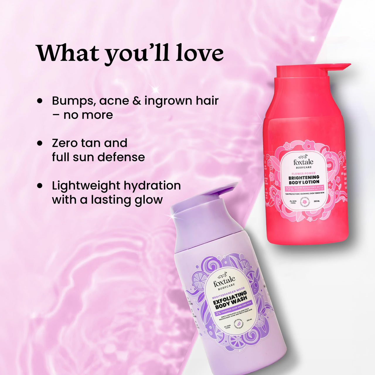 Foxtale Clear and Luminous Combo | 2% Salicylic Acid Exfoliating Body Wash with Zinc PCA for Smooth, Bump-Free Skin + SPF 30 Brightening Body Lotion with Vitamin C & Niacinamide for Even-Toned, Radiant Glow | Fades Pigmentation & Prevents Tanning | 2-Step