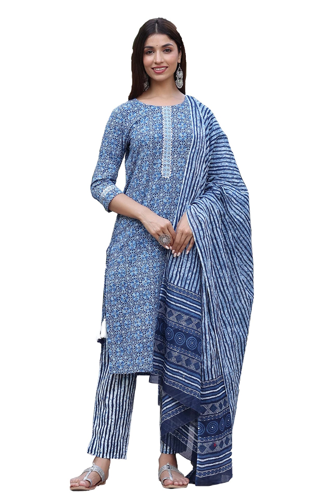 Vaamsi Cotton Printed Kurta Palazzo Dupatta Set (VKSKD1036_Blue)