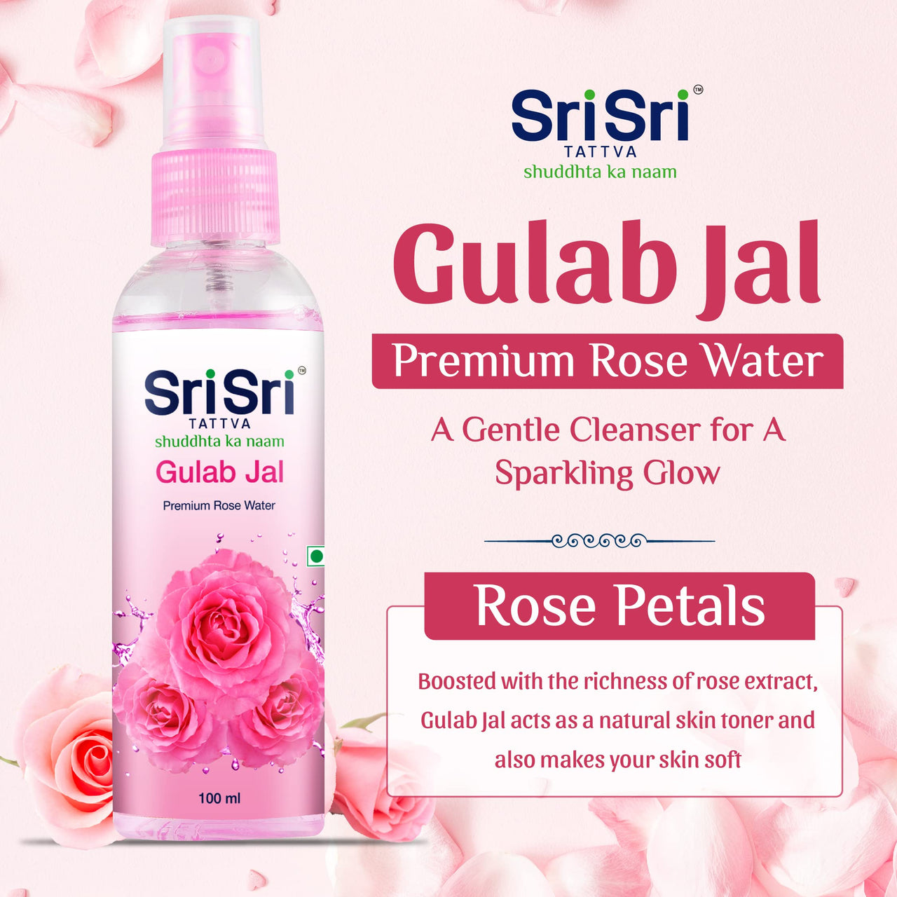 Sri Sri TATTVA shuddhta ka naam Gulab Jal Spray, 100ml (Pack of 6) - Pure Rose Water Mist for Hydrated, Glowing Skin - Premium Toner & Cleanser for Soft, Smooth Skin