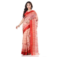dB DESH BIDESH Women`s Traditional Bengal Phulkoli Woven Design Pure Handloom Cotton Saree Without Blouse Piece White Red
