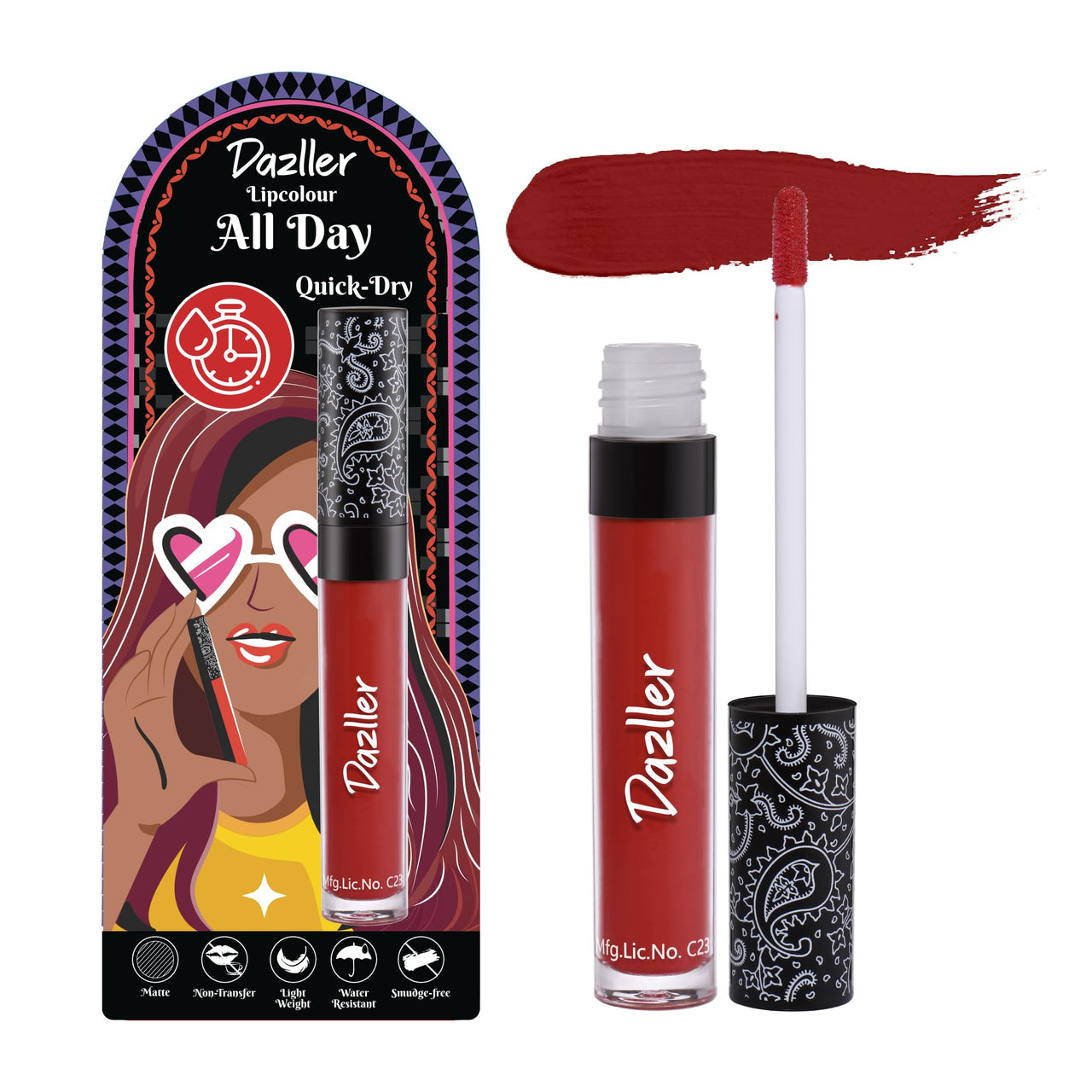 Dazller All Day Lip Colour Quick Dry | Long-Stay | Lightweight | Matte Lipstick for Women | Enriched with Kokum Butter 6g (QDLC006 - Cranberry, Quick Dry)