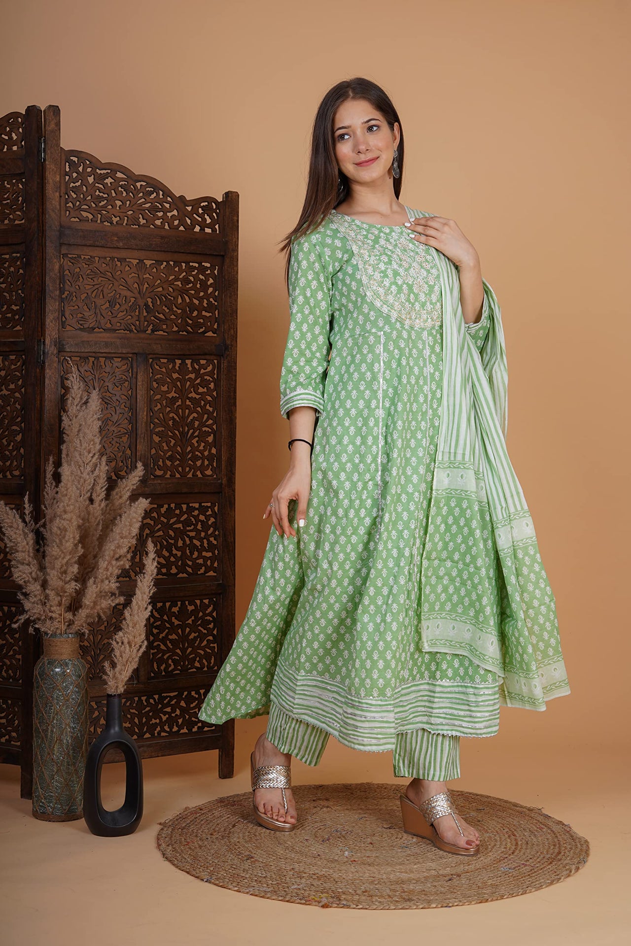 MEERA FAB Women's  Cotton Printed Zari Embrodriery Anarkali Kurta with Palazzo & Dupatta