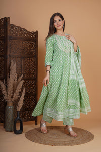 MEERA FAB Women's  Cotton Printed Zari Embrodriery Anarkali Kurta with Palazzo & Dupatta