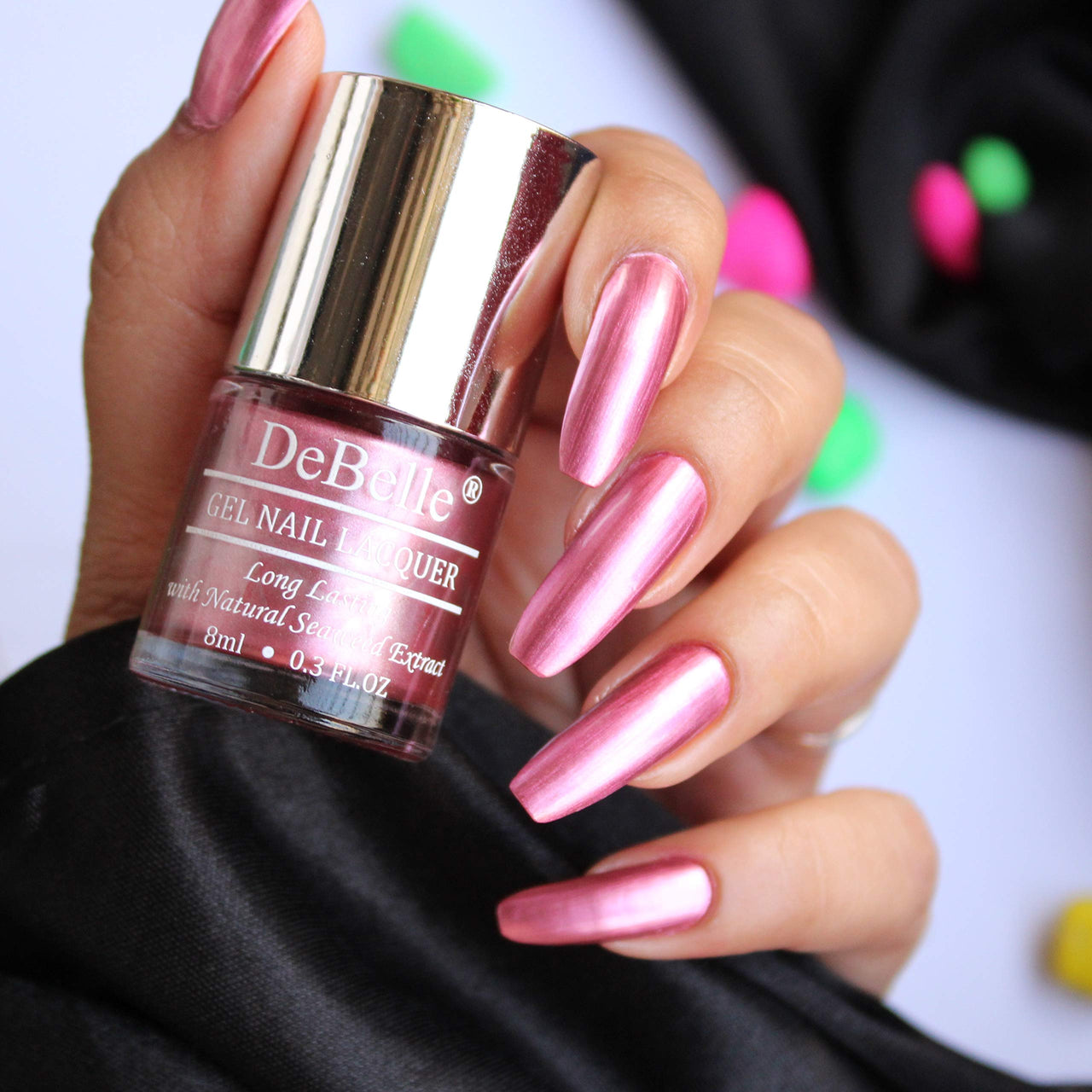 DeBelle Gel Nail Polish Chrome Glaze (Metallic Pink Nail Paint)|Non UV - Gel Finish |Chip Resistant | Seaweed Enriched Formula| Long Lasting|Cruelty and Toxic Free| 8ml