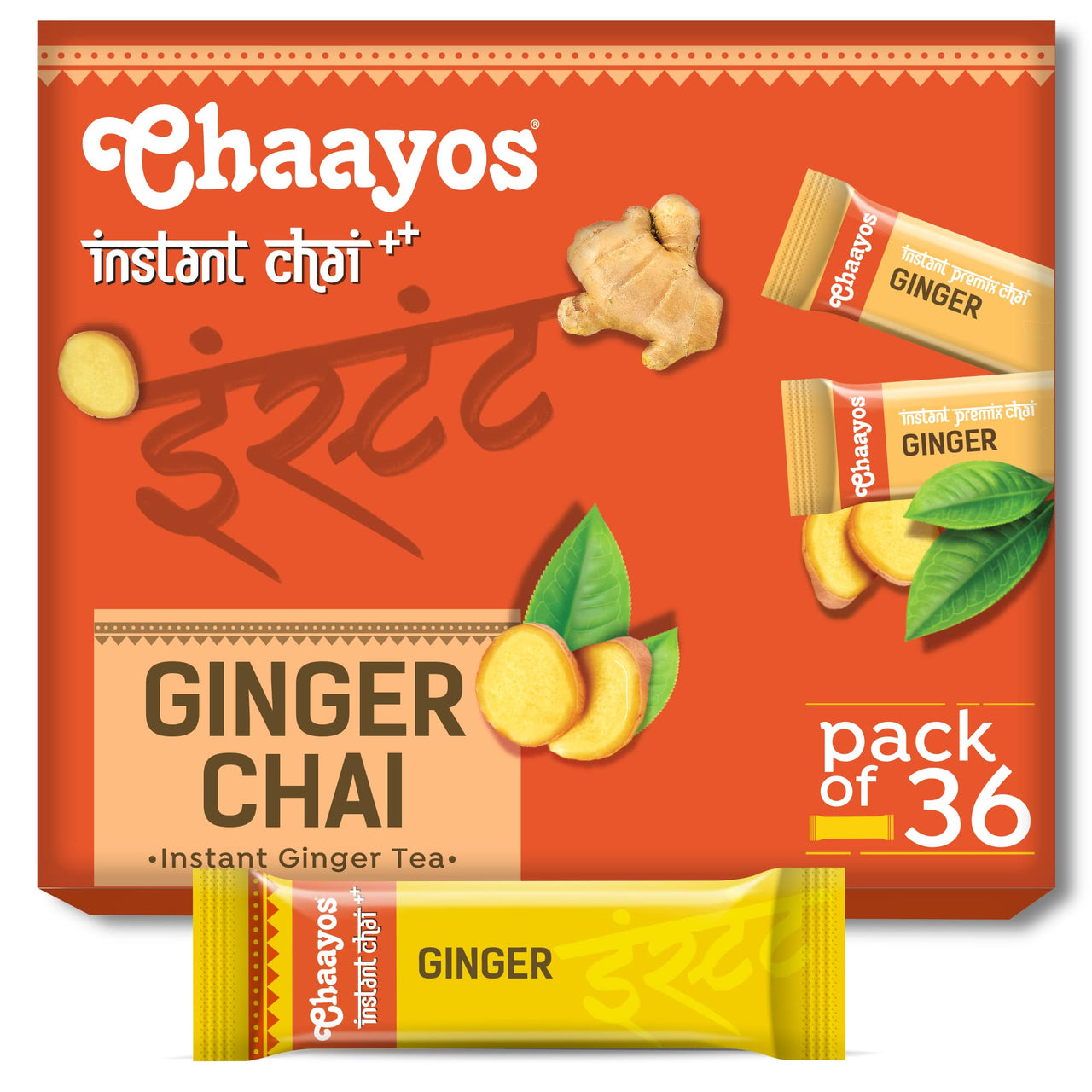 Chaayos Assam Instant Tea Premix - Ginger - Regular Sugar (14Gm * 36 Sachets) (Makes 100 Ml), Ginger Tea, Adrak Chai, 1 Min Tea Powder