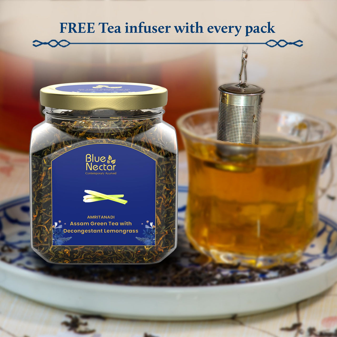 Blue Nectar Green Tea Leaves with Decongestant Lemongrass | Loose Green Leaves Sourced from Assam | Reusable Glass Jar (50 gm + 15 gm Free)