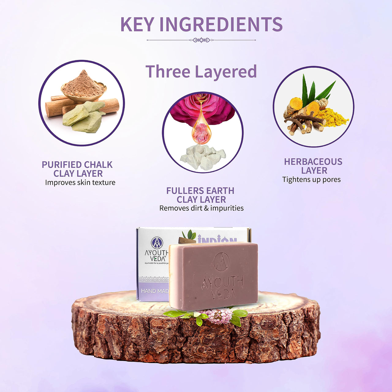 Ayouthveda Handmade Indian Clay Soap | Nourishes Protects & Hydrates Skin | A Three Layered Mineral Rich Clay Bar| Daily use Bar for Both Men & Women (Pack Of 3-110g each)