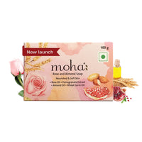 moha: Rose and Almond Bath Soap Unisex Bathing Bar with the benefits of Rose oil Pomegranate extract Almond oil wheat germ oil for soft, nourished and youthful skin - 100gm (Pack of 3)