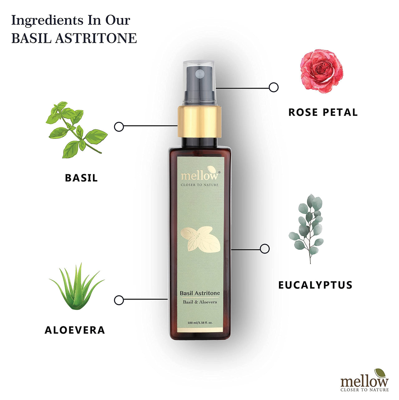Mellow Herbals Basil Astritone | Ayurvedic Face Toner for Oily & Acne-Prone Skin | Controls Oil, Tightens Pores & Reduces Breakouts | Enriched with Basil, Aloe Vera & Rose Petals | 100ml