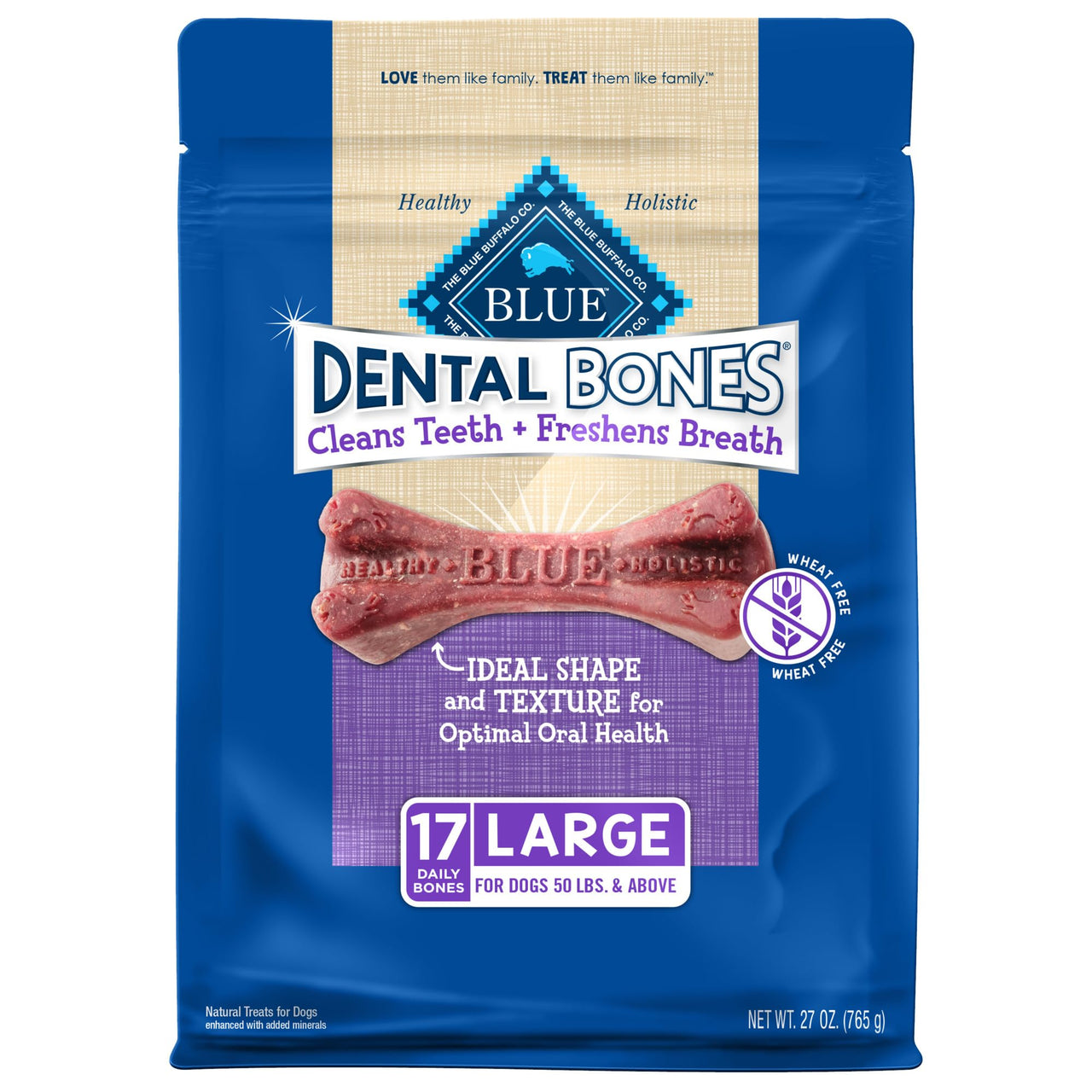 Blue Buffalo Dental Bones Large Natural Dental Chew Dog Treats, (50 lbs and up) 27-oz Bag Value Pack Large Bones 27 Ounce (Pack of 1)