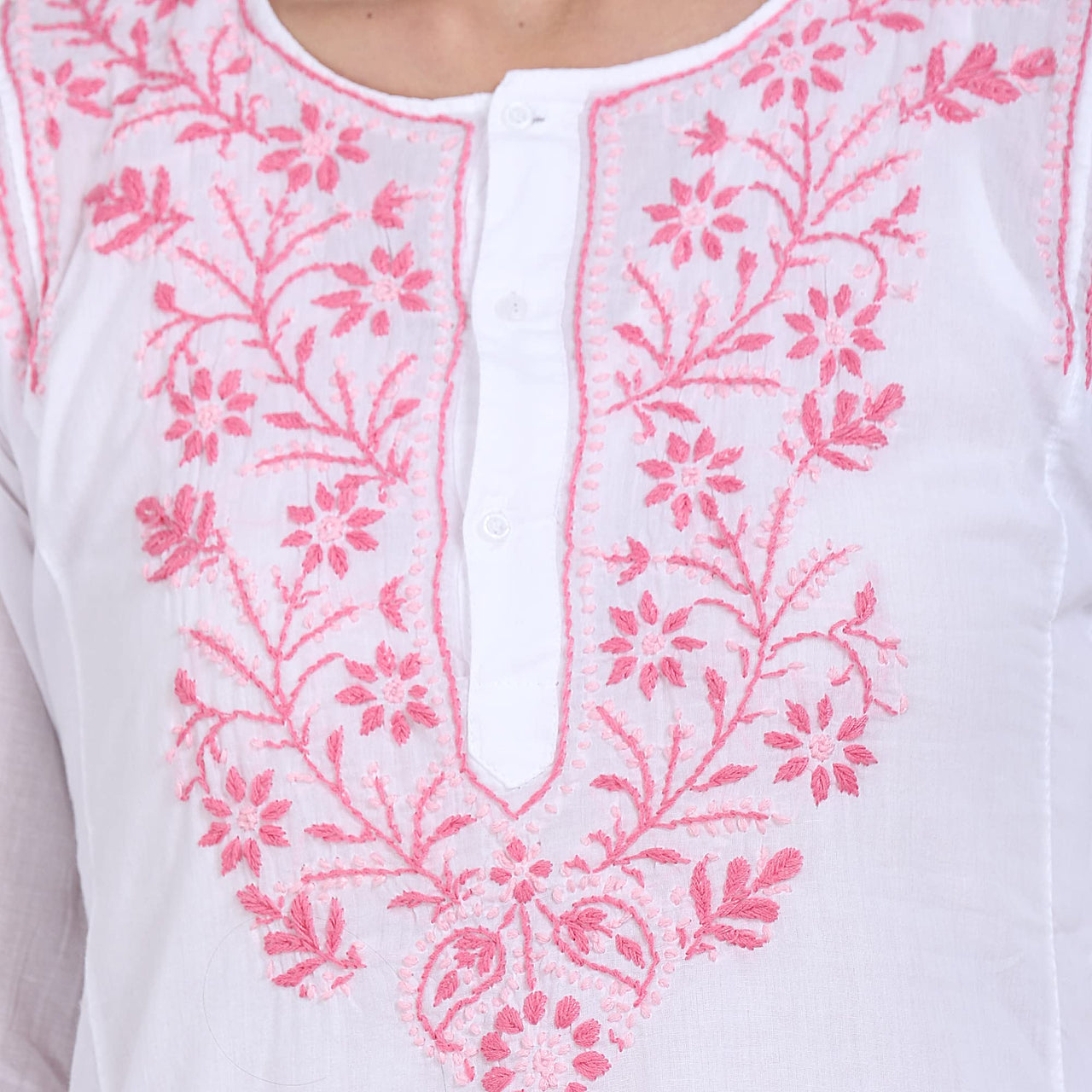 Paramount Women's  Chikankari Cotton White Straight Short Kurta Navy XS