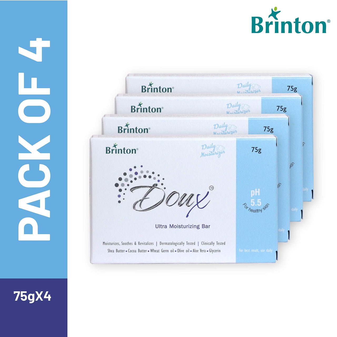 Brinton DOUX Daily Ultra Moisturizer Soap Bar with pH 5.5, 75g, pack of 4