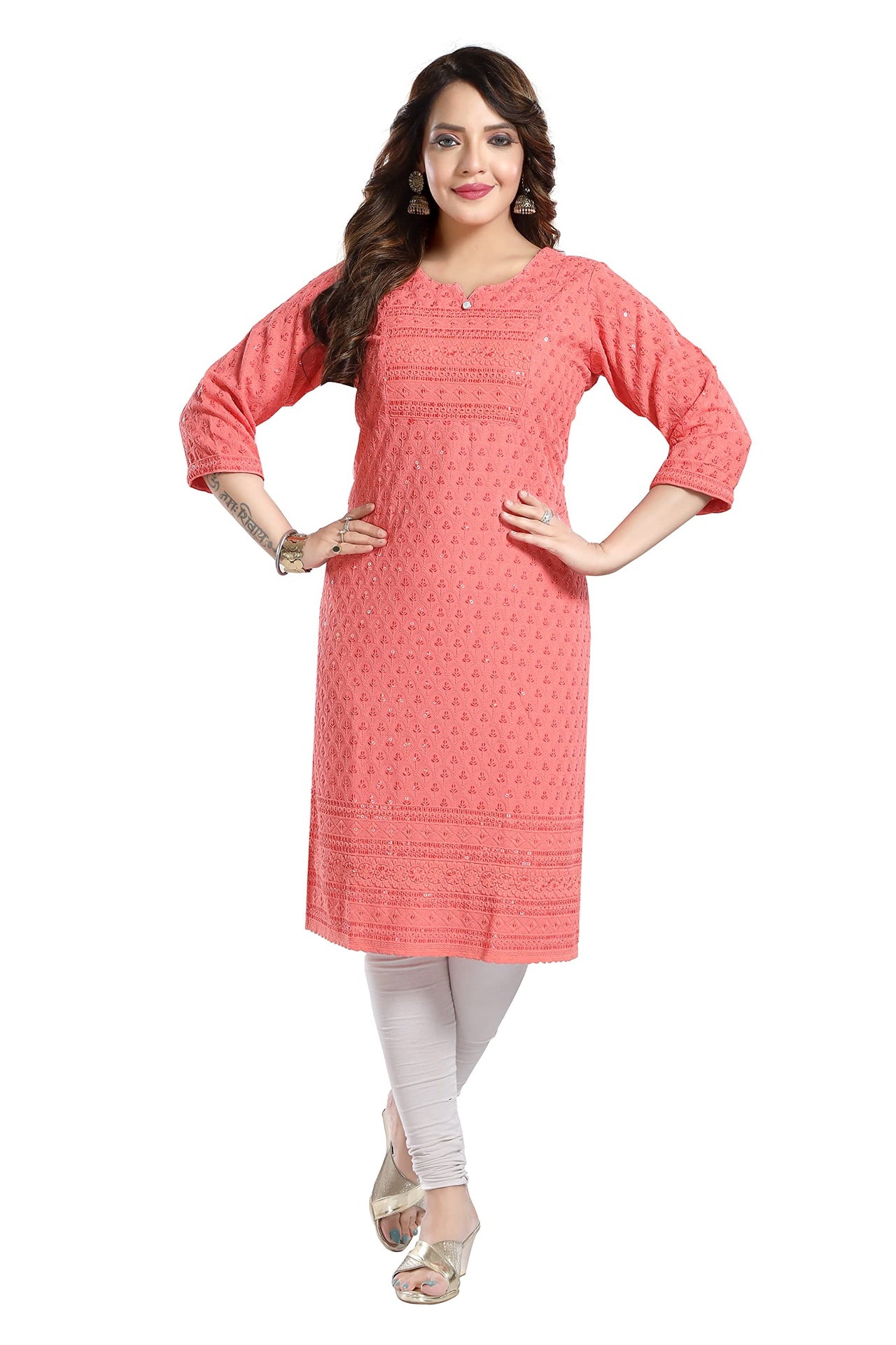 QUEEN SHIELD Women's  Knee Length Rayon Chikan-Kari KurtaKurti (QS_6631)