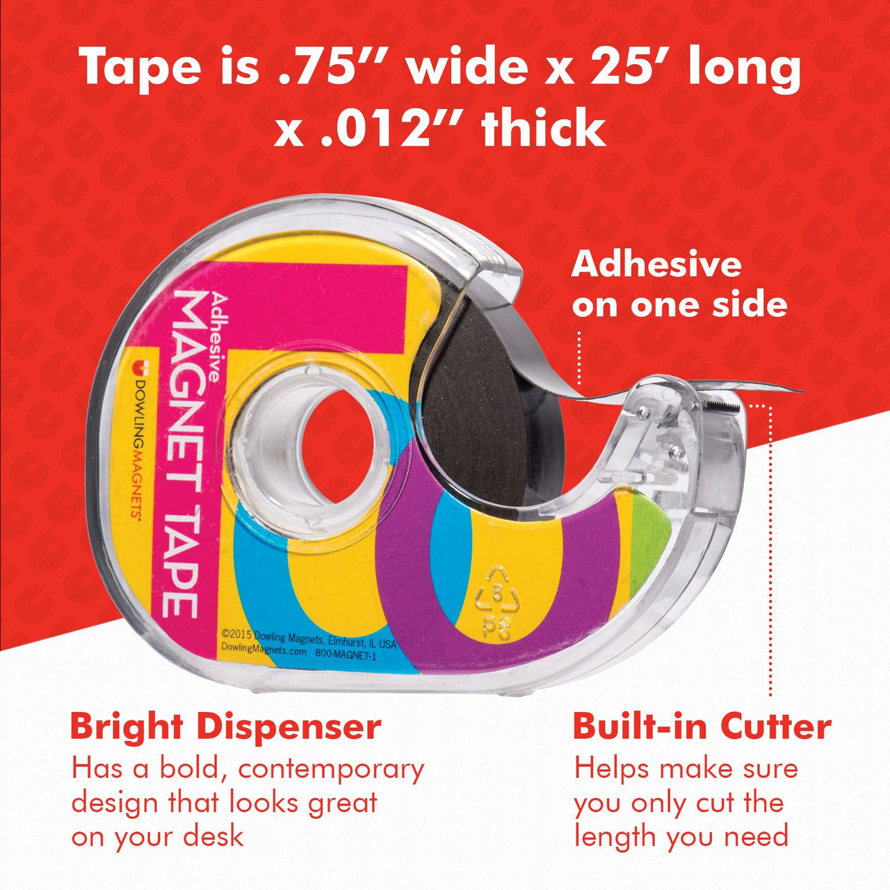 Adhesive Magnet Tape (1 roll - .75 inch wide x 25 feet long) in dispenser, extra thin, black/dark gray