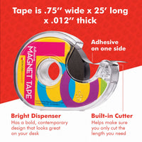 Adhesive Magnet Tape (1 roll - .75 inch wide x 25 feet long) in dispenser, extra thin, black/dark gray