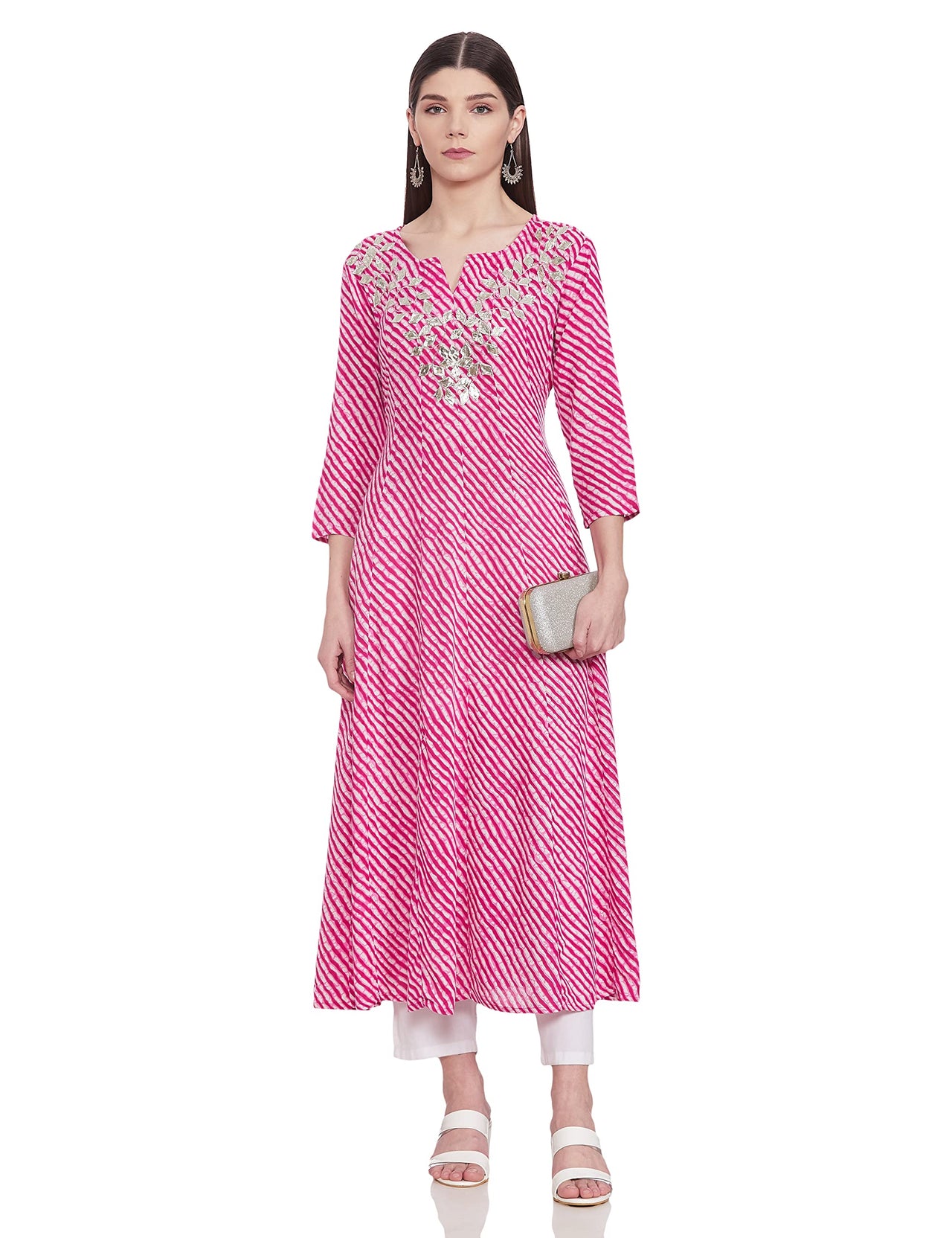 YUFTA Women Green & White Lehariya Print A-Line Kurta