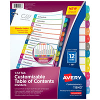 Avery 12 Tab Dividers for 3 Ring Binders, Customizable Table of Contents, Multicolor Tabs, 1 Set (11843) 1 pack
