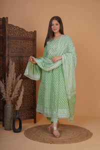 MEERA FAB Women's  Cotton Printed Zari Embrodriery Anarkali Kurta with Palazzo & Dupatta