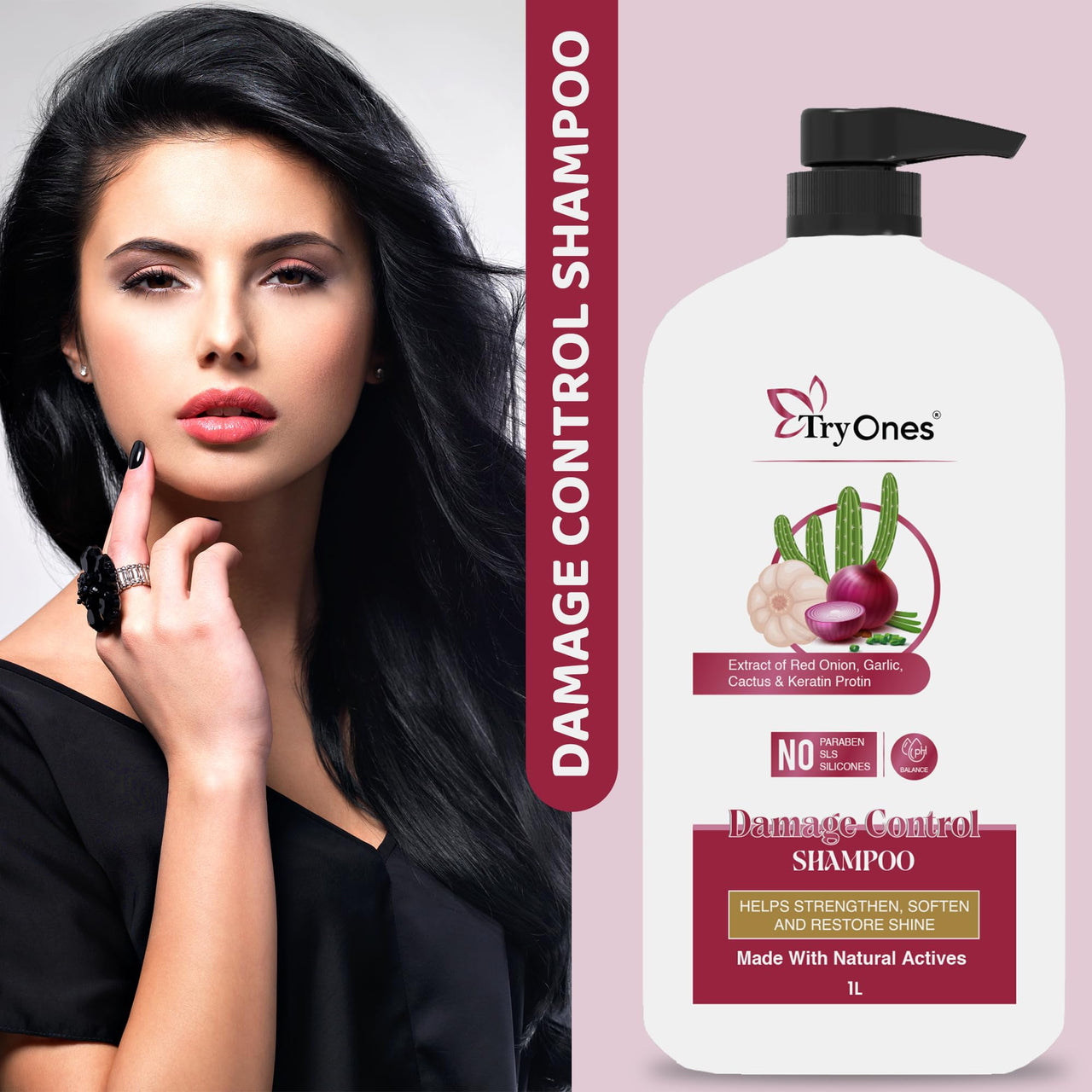 TryOnes Red Onion, Garlic, Cactus & Keratin Protin Shampoo Damage Control Strong & Nourished Hair For All Hair Types | For Women & Men | Net Weight: 1000 ml | Pack of 1