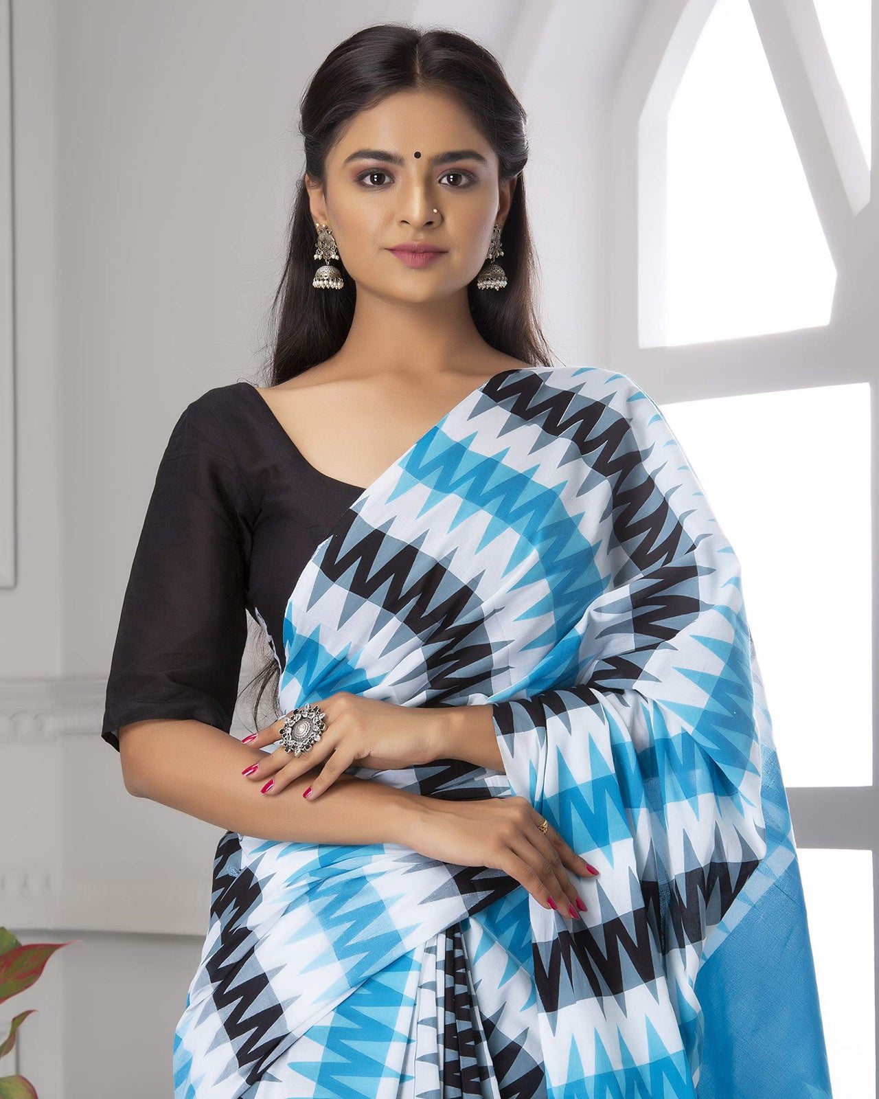 Shivanya Handicrafts Women's  Hand block printed cotton mulmul fabric saree Ikkat printed With Blouse Piece Traditional Jaipuri Print