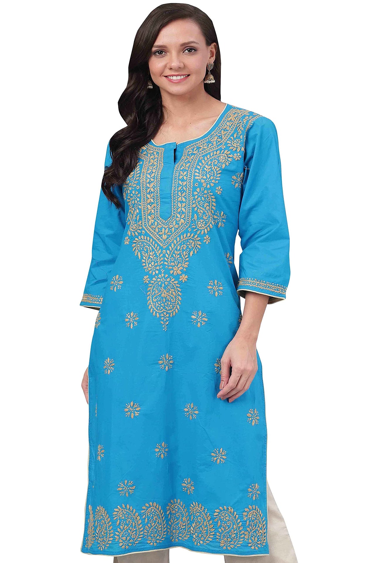 Ada Lucknowi Hand Embroidered Chikankari Straight Cotton Kurti Kurta for Women