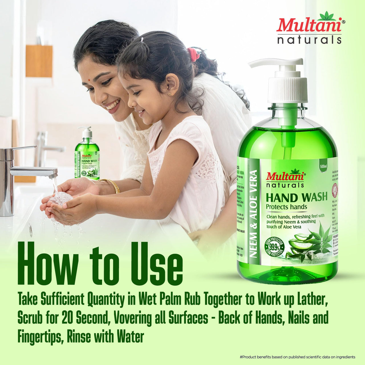 Multani Naturals Neem Aloe Vera Hand Wash 500ml | Gentle Hand Cleanser with Natural Ingredients | 99.9% Germ Protection Liquid Hand Wash