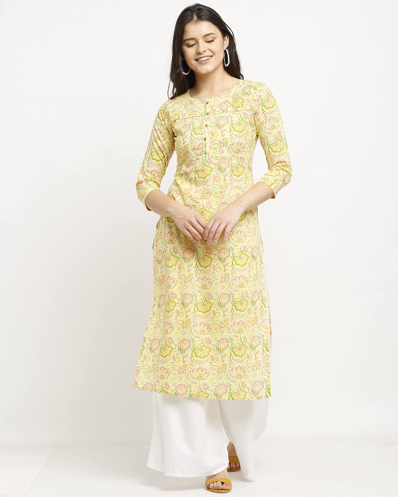 Rajnandini Women's  Yellow Pure Cambric Cotton Jaipuri Printed Kurti (JOPLJPR85-P)