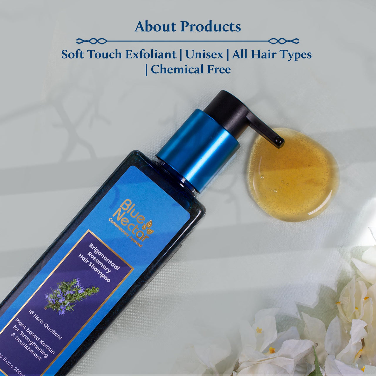 Blue Nectar Keratin Rosemary Shampoo for Hair Growth | Natural Hair Shampoo for Curly, Frizzy & Dry Hair | Paraben & Sulphate Free Shampoo for Men & Women (16 Herbs, 200ml)