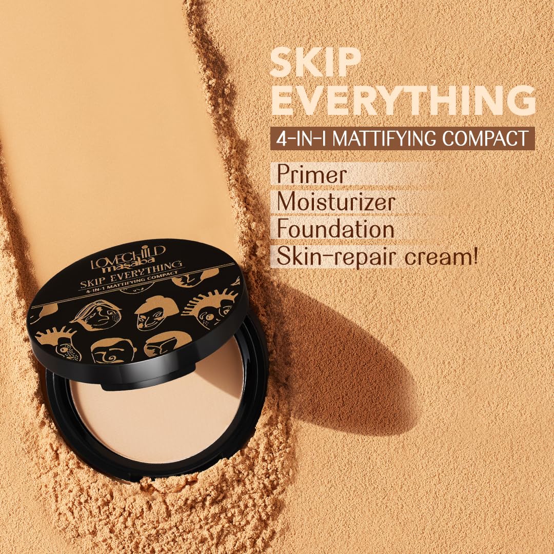 Lovechild Masaba 4-in-1 Mattifying Compact - Perfect Matte Coverage, Moisturizer, Primer & Skin Repair, With Macadamia Oil & Vitamin E, Lonely Lioness (Light) - 9g