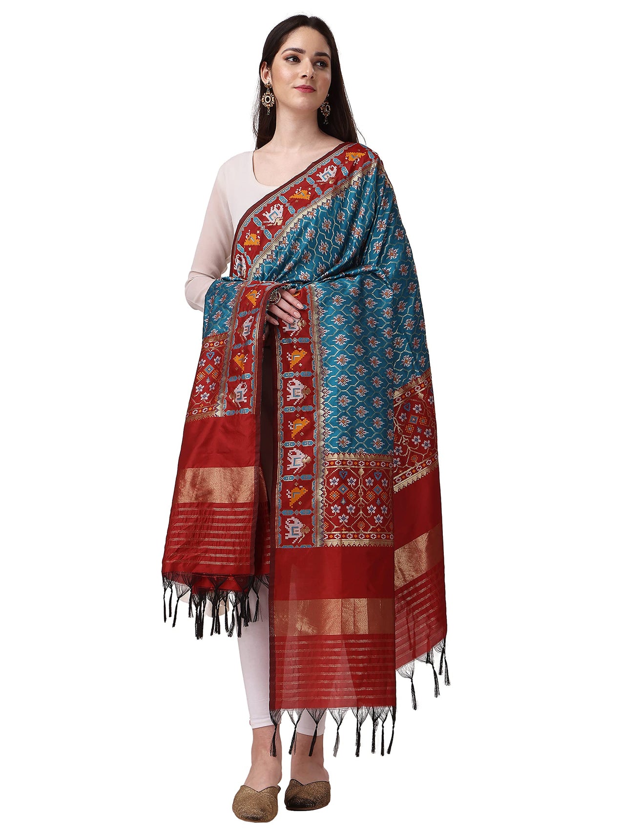 KAPAAHA Women's  Woven Silk Blend Patola Fulwadi Dupatta, Width 45 inch, Length 2.5 meter