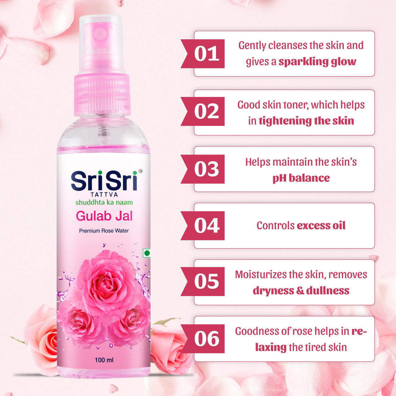 Sri Sri TATTVA shuddhta ka naam Gulab Jal Spray, 100ml (Pack of 4) - Pure Rose Water Mist for Hydrated, Glowing Skin - Premium Toner & Cleanser for Soft, Smooth Skin