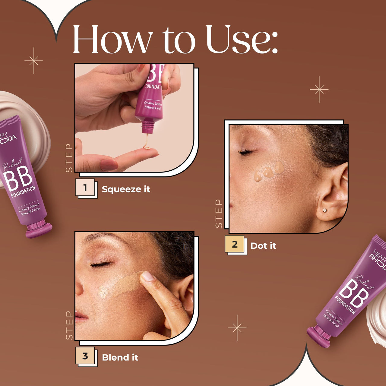 Hilary Rhoda Radiant BB Foundation | Ultra-Creamy & Lightweight Formula | 9 to 5 Stay | Hides Blemishes & Dark Spots | Blends Easily | BB Cream | Dewy Finish | 60g (Beige| Shade 02)