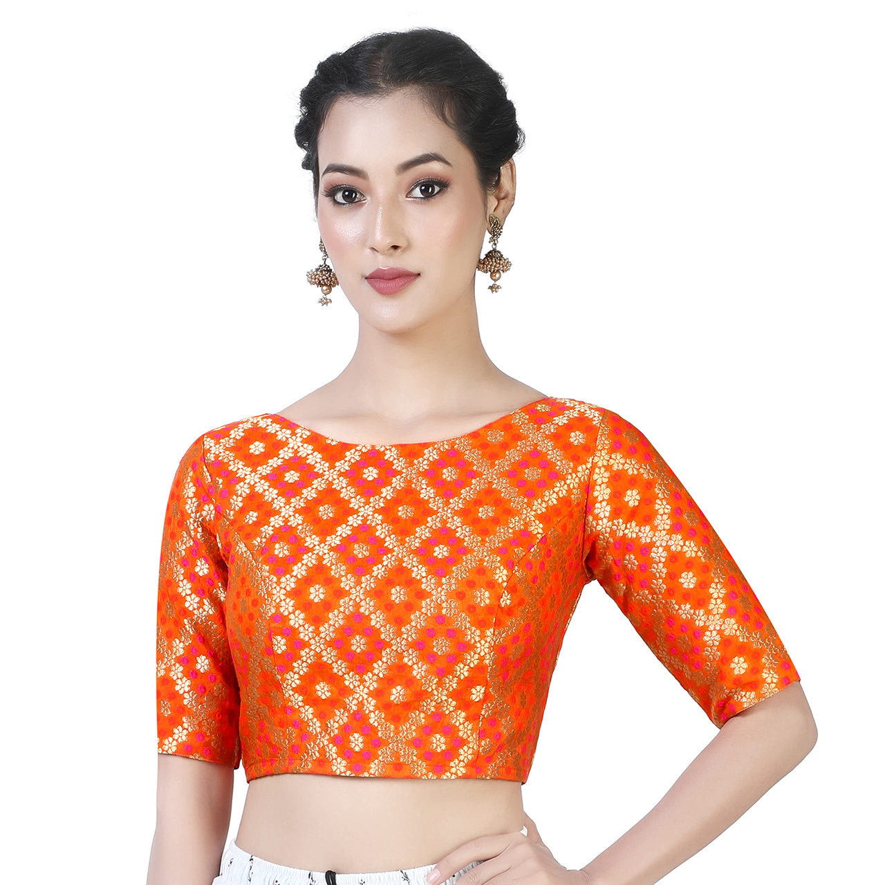 X3 Women's  Brocade Zari Weaving Elbow Length Sleeves Saree Blouse