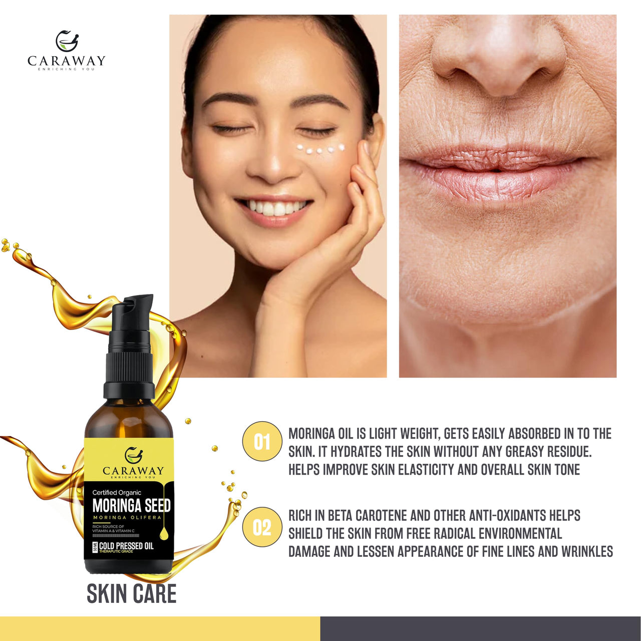 CARAWAY Certified Organic Moringa Seed Oil Cold pressed - 100% Pure Oil for Hair, Face and Skin - 50 ml