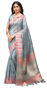 NK Textiles Women's  Ikat Woven Tussar Silk Saree with Tassels